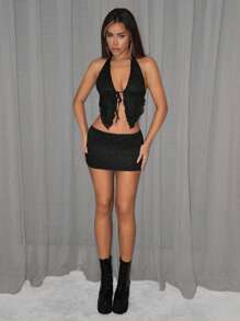 SHEIN ICON 2 chiếc/bộ váy ngắn cạp thấp phối ren hai màu phong cách Y2K dành cho nữ + áo - màu đen - Xem 3