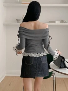 DAZY Kaos Kasual Wanita Lengan Panjang Tanpa Bahu Warna Polos, Pakaian Wanita Musim Gugur untuk Keluar Rumah - Dark Grey - View 4