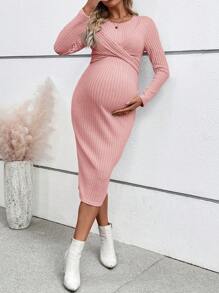 SHEIN Vestido de punto ajustado de unicolor para embarazadas, vestido de punto ajustado - Rosa - Ver 5