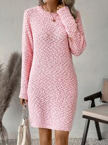 SHEIN LUNE Vestido de suéter casual de unicolor, cuello redondo, manga larga y bajo recto para mujer, otoño/invierno