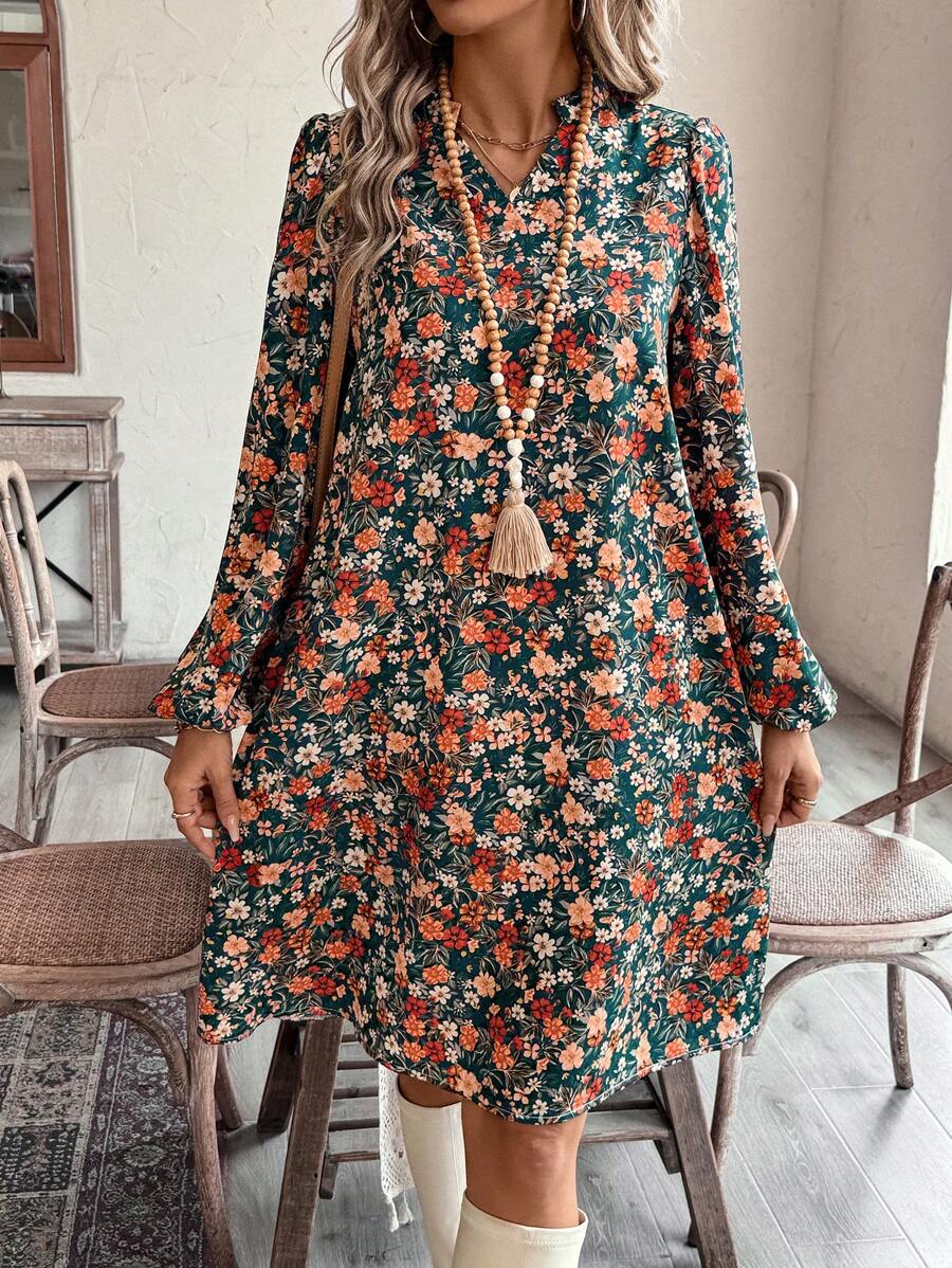 EMERY ROSE Vestido casual de manga larga con cuello con muesca y estampado floral para mujer de talla grande - Multicolor - Ver 1