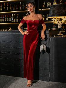 SHEIN Clasi 女士优雅天鹅绒连体裤，适合派对穿着 - 酒紅色 - 查看 5