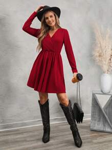 SHEIN LUNE Vestido vermelho casual feminino de manga longa e decote em V - Vermelho - Visão 6