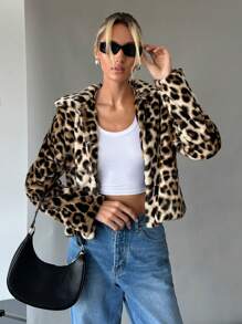 SHEIN Essnce 冬季女豹纹皮草外套短款保暖无人翻领夹克长袖毛绒豹纹休闲外套秋 - 棕色 - 查看 5
