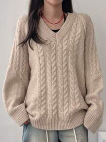 DAZY Women V-Neck Cable Knit Loose Casual Sweater,Fall Clothes - Apricot - View 9
