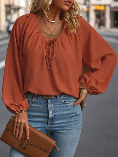 SHEIN Clasi Plus Size Women's Front-Tied Lantern Sleeve Blouse Fall Cloth For Women