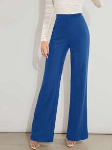 SHEIN Clasi Pantalones rectos de unicolor tejidos para mujer, adecuados para el trabajo - Azul - Ver 1