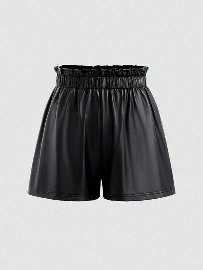 Sweetra Women's Solid Color Loose Elastic Waist PU Leather Shorts