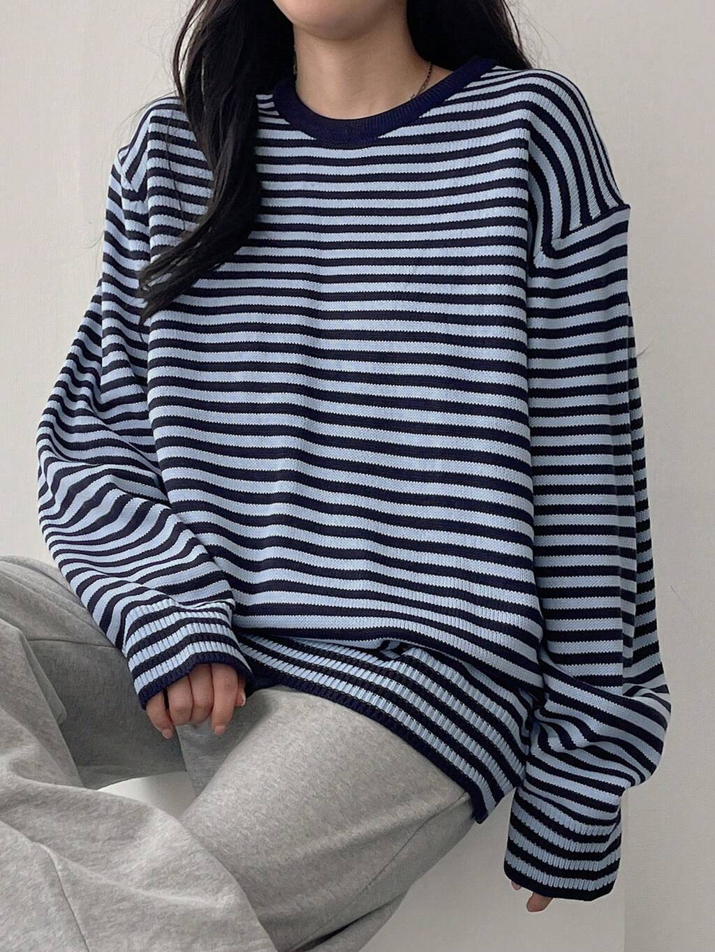 Femmes Casual Pull Ample à Col Rond Rayé, Convient pour l'Automne/Hiver, Vêtements Femmes pour la Saison