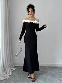 Chiquease Vestido ajustado con decoración floral y escote barco para mujer, elegante para otoño/invierno