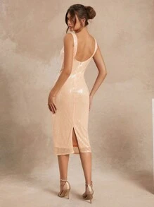 L'Amorae Women Solid Sequin Backless Bodycon Dress