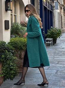 SHEIN Unity Solid Color Double-Breasted Elegant Long Sleeve Coat For Autumn/Winter - Green - View 5