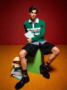 HARRY POTTER X SHEIN 男士休闲修身针织印花拼色半襟长袖 Polo 衫 - 綠色 - 查看 5