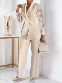 Xyvia 2pcs Women's Business Office Wear Embroidered Details Double-Breasted Fitted Blazer & Pants Set Fall Cloth For Women - Apricot - View 3