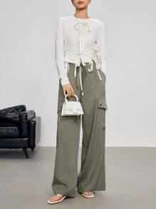 EastFlair 女士时尚高腰松紧腰宽松抽绳直筒工装口袋休闲阔腿裤 - 橄欖綠 - 查看 7