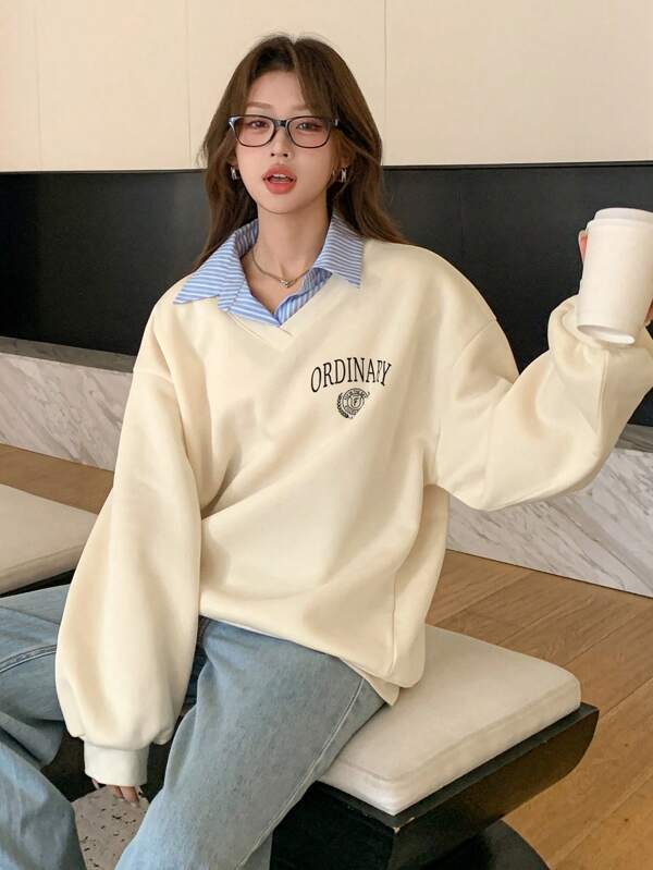 DAZY Women Letter Print Dropped Shoulder Long Sleeve Casual Patchwork Fleece Sweatshirt, Autumn/Winter