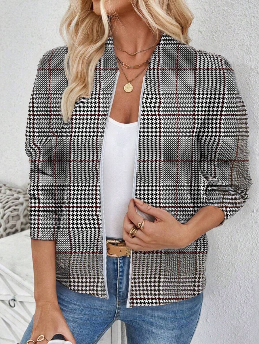 SHEIN LUNE Áo khoác kẻ caro Houndstooth khóa kéo giản dị dành cho nữ, phù hợp cho mùa thu/đông - Nhiều màu - Xem 1