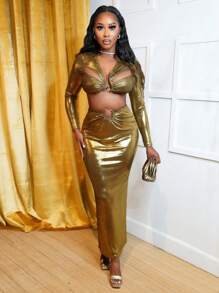 BamGleam 2pcs Metallic Hollow Short Top And Fish Tail Skirt Set, Sexy, Autumn