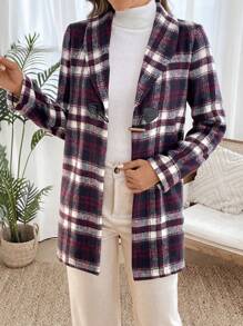 SHEIN LUNE Women's Casual Plaid Shawl Collar Horn Button Coat, Autumn/Winter - Multicolor - View 3