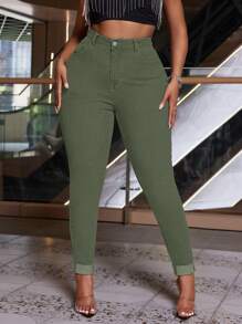SHEIN SXY Quần Jeans Xanh Quân Đội Co Giãn Cỡ Lớn Cho Nữ, Quần Ôm Có Viền Bó - xanh quân đội - Xem 6