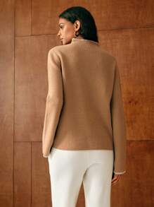 MOTF 100% 纯羊毛立领喇叭袖撞色绑带毛衣 - 卡其色 - 查看 8