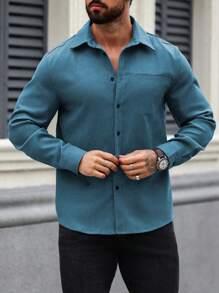 Manfinity Homme Heren Casual Effen Kleur Lange Mouw Corduroy Overhemd, Herfst