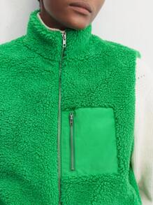 Maija Women Green Solid Color Fluffy & Teddy Sherpa Front Zipper Sleeveless Patchwork Collar Christmas Outerwear Casual Vest