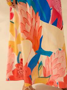 CAJUNI Boho Colorful Tropical Plant Print Sleeveless Sling, Hollow-Out Back Tie Long Dress, Casual Beach Holiday Summer Dress For Women