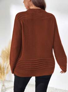 大码女式纯色圆领长袖休闲套头毛衣，秋冬针织套头衫 - 紅木色 - 查看 2