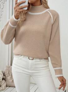 SHEIN LUNE Women Casual Loose Fit Contrast Color Stand Collar Raglan Sleeve Sweater, Autumn/Winter Knit Pullover Fall - Khaki - View 3