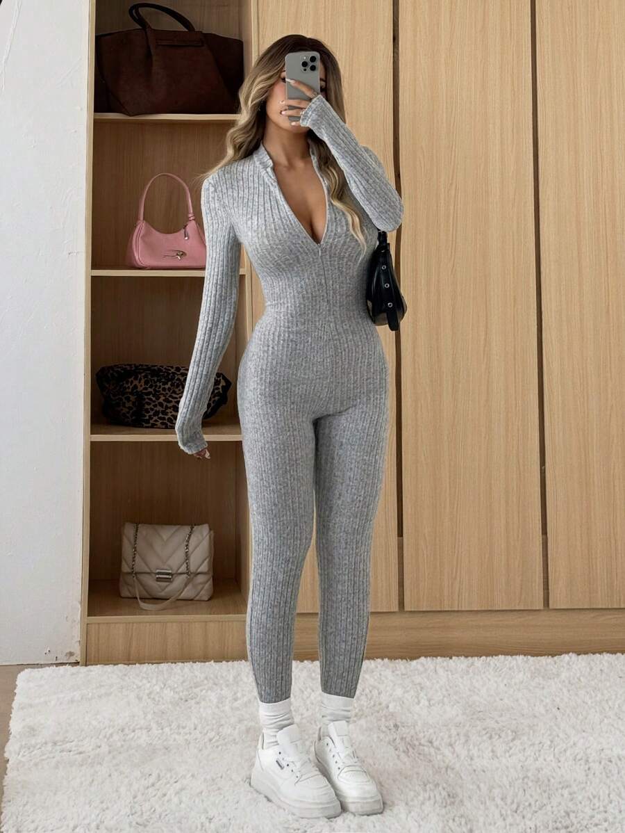 SHEIN EZwear 罗纹针织保暖内衬连体裤 - 灰色 - 查看 1