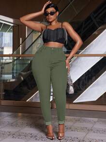 SHEIN SXY Quần Jeans Xanh Quân Đội Co Giãn Cỡ Lớn Cho Nữ, Quần Ôm Có Viền Bó - xanh quân đội - Xem 5