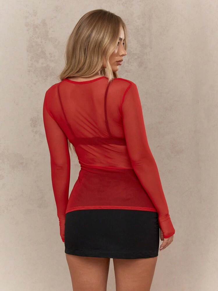 MISSGUIDED Sheer Mesh Long Sleeve Bodysuit Women Fitted Mesh Top See Through Layer Blouse Winter Fall Evening Party Clubwear Christmas - Red - View 2