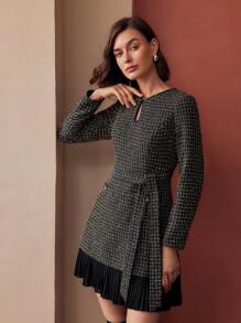 MOTF PREMIUM TWEED PLAID PRINT KEYHOLE NECK CONTRAST PLEATED HEM BELTED SHORT DRESS