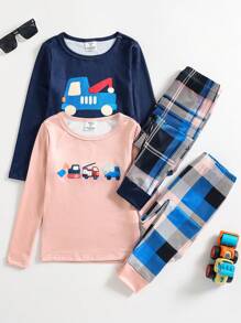 Bộ 4 quần dài tay in hình xe hơi hoạt hình cho bé trai và bộ đồ mặc nhà thoải mái giản dị - Màu be - Xem 1