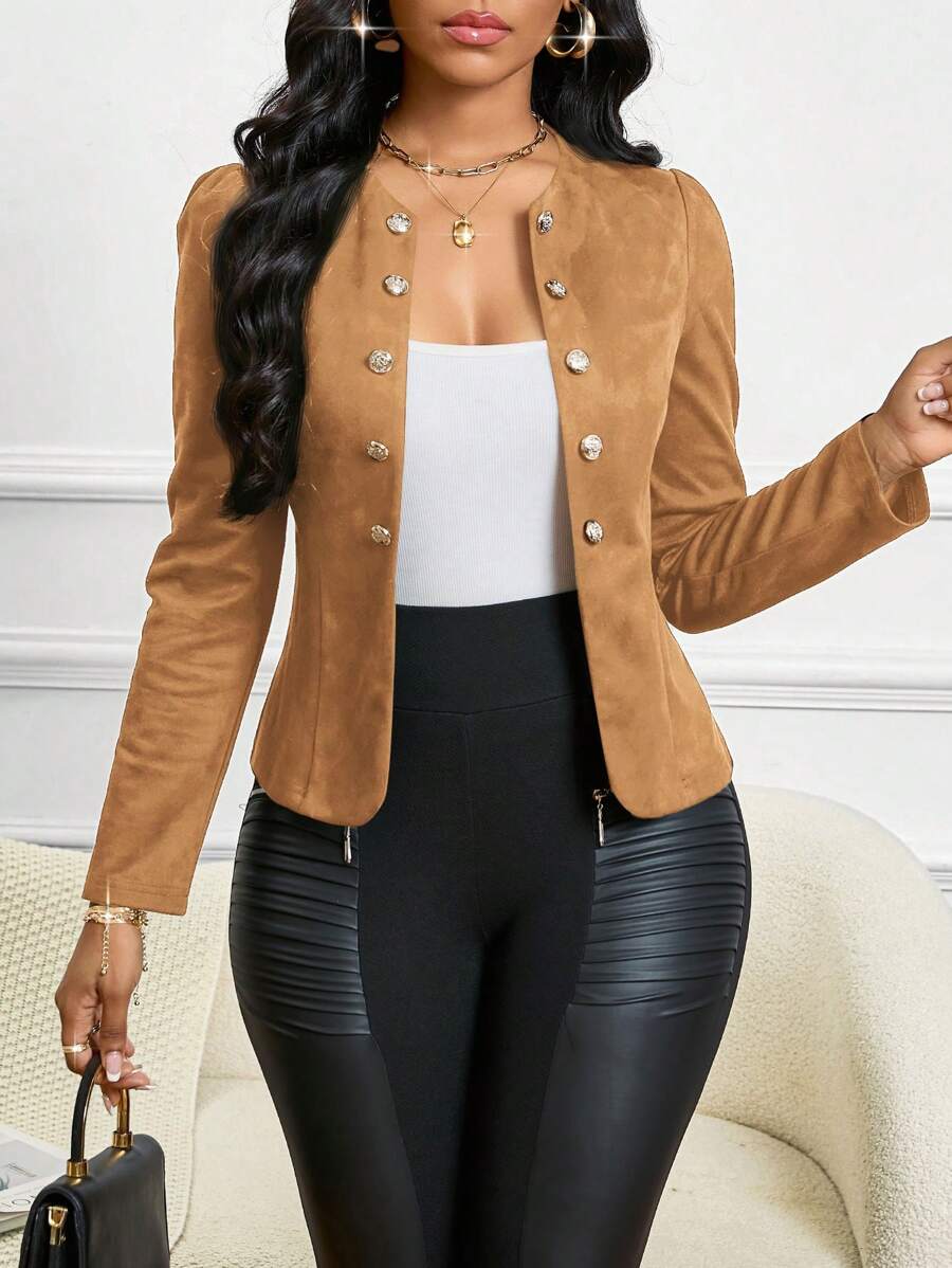 SHEIN Lady Solid Color Double Breasted Elegant Office Wear Lightweight Jacket, Long Sleeve In Fall/Winter - Brown - View 1