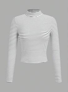 SHEIN EZwear 大码休闲简约立领长袖 T 恤，秋冬 - 黑與白 - 查看 4