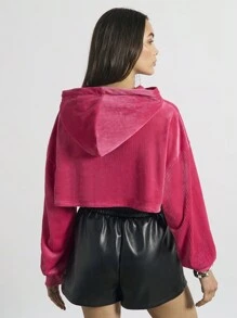 AiiRZ Velvet Ribbed Crop Hoodie Drawstring Balloon Sleeve Cozy Fall Winter Loungewear Streetwear Athleisure Statement Sweatshirt Pullover - Hot Pink - View 2