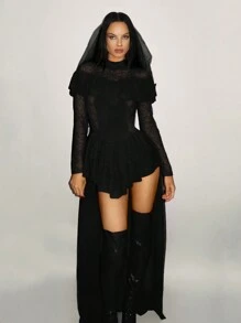 SHEIN ICON Ladies V-Neck Lace Mesh Layered Asymmetrical Hem Casual Dress - Black - View 6