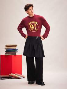 HARRY POTTER X SHEIN Bộ áo thun cổ lọ tay dài in họa tiết đế xuồng cổ điển "9 3/4" cho nam (2 màu) - màu đen - Xem 6