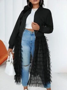 Maweii Plus Size Solid Color Mesh Contrast Long Jacket, Fashionable For Autumn - Black - View 5