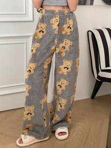 DAZY Pantalones de pijama rectos con estampado de oso de peluche