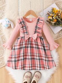 SHEIN Váy 2 trong 1 họa tiết kẻ caro viền bèo nhún tay bèo nhún nơ phía trước cho bé gái, thích hợp mặc thường ngày & đi học hàng ngày vào mùa thu đông - Hồng - Xem 2