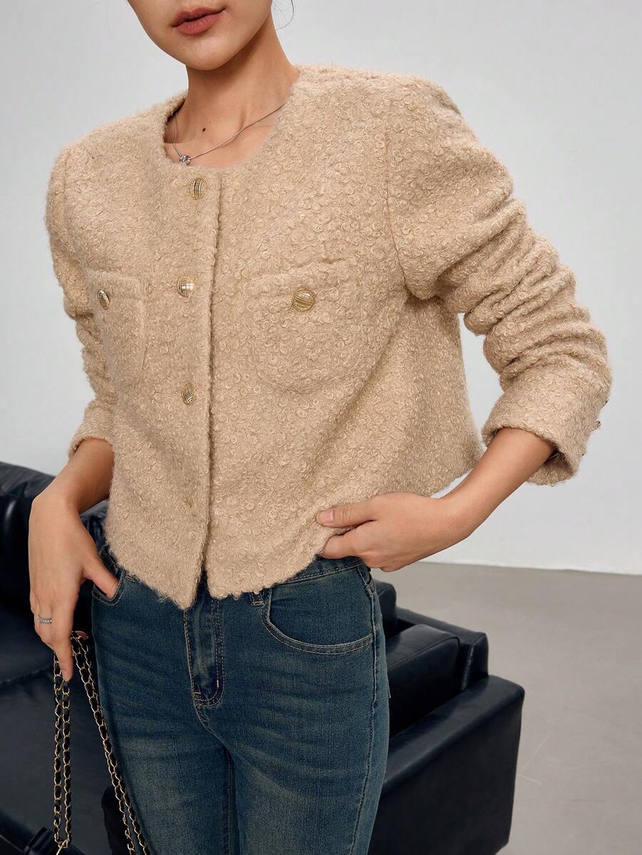 EastFlair Áo khoác cổ tròn khóa kim loại cho nữ, phong cách thanh lịch cho mùa thu/đông - Màu Khaki - Xem 1