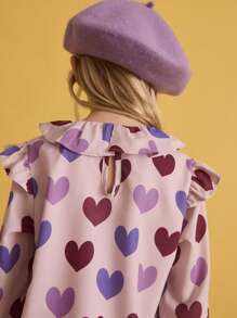 SHEIN Young Girl Casual Everyday Wear Ruffle Hem Heart Print Round Neck Long Sleeve Blouse, Autumn/Winter, Pink - Pink - View 2