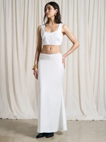 AiiRZ Satin Lace Trim Sleeveless Crop Top And Ruched Detail Maxi Skirt Two-Piece Co-Ord Set - White - View 4