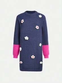 Tween Girl Patchwork Contrast Color Fluffy Sleeve, Full Embroidered Round Neck Knit Dress, Exhibits Elegant And Graceful Style. Suitable For Outings And Autumn/Winter Wear, Comfortable And Fashionable.