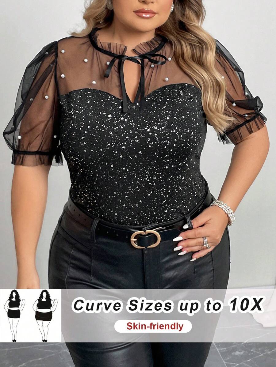 SHEIN CURVE+ Plus Autumn Pearl Beaded Tie Collar Short Sleeve Summer T-Shirt, Christmas Party