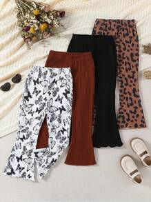 4pcs Young Girl Casual Multi-Color Butterfly & Leopard Print, Solid Color Versatile Flared Pants, Suitable For Spring & Autumn - Multicolor - View 1
