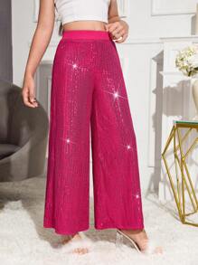 SHEIN Pantalones anchos con lentejuelas para niña preadolescente, elegantes y glamorosos pantalones de lentejuelas brillantes para fiesta y baile